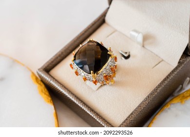 Diamond Ring With A Yellow Topaz Stone In Luxury Box