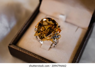 Diamond Ring With A Yellow Topaz Stone In Luxury Box