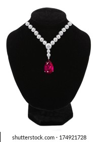 Diamond And Ruby Necklace On Black Mannequin Isolated On White Background