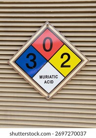 Diamond shaped NFPA panel identifying hazardous at public pool. Muriatic acid.