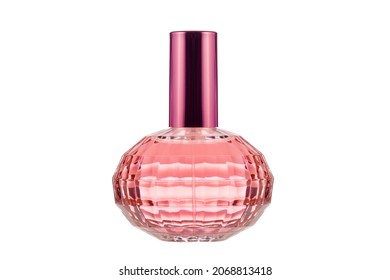 Diamond shaped pink perfume bottle isolated on white background.
