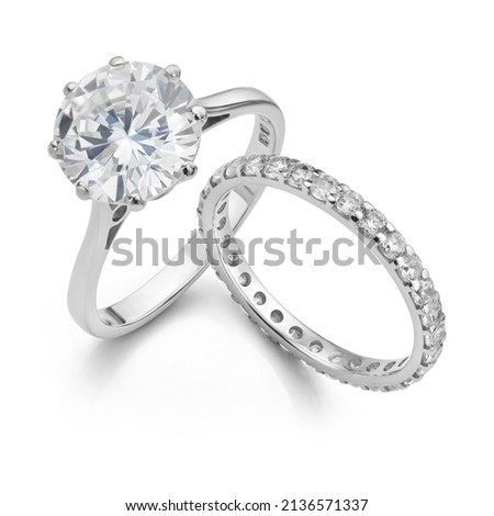 Diamond Solitaire Ring with Wedding Band Isolated on White Background