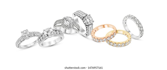 diamond stacked rings group on white background,white gold,yellow gold,rose gold - Powered by Shutterstock