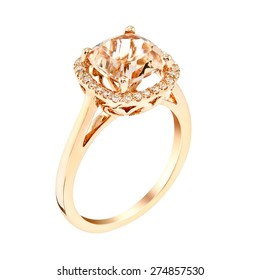 Diamond Wedding Pink Gold Ring. Isolated On White