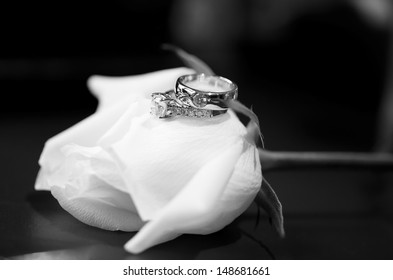 Diamond wedding rings on white rose