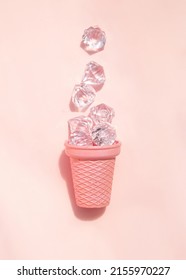 Diamonds In Ice Cream Cone Cup On Light Pastel Pink Background. Creative Food Concept. Minimalistic Rich Flavor Composition. Sunny Summer Idea.