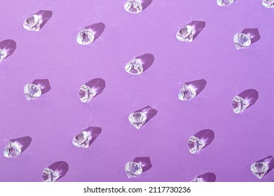 Diamonds On A Purple Background. Aesthetic Valentines Expensive Jewelry Day Gift Concept. 