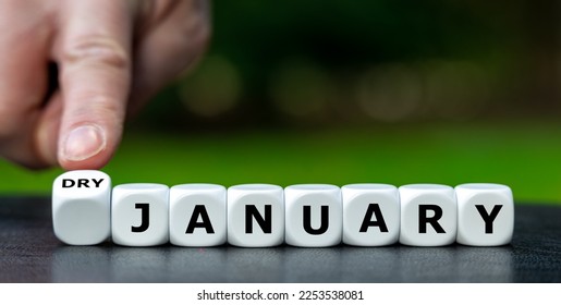 Dice form the expression 'dry January'. Symbol for a month without drinking alcohol.  - Powered by Shutterstock