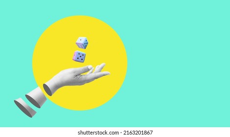 Dice on hand collage digital pop art.Play luck fortune.Casino dice bet.Online gambling.board game high risk and success.greedy roulette game.gamble casino jackpot. baccarat. investment business.game.