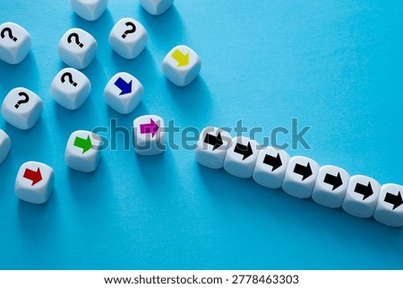 Dice with question marks and colored arrows aligning into a single path forward