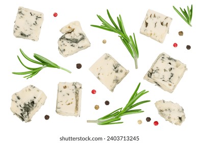 diced Blue cheese isolated on white background with  full depth of field. Top view. Flat lay. - Powered by Shutterstock