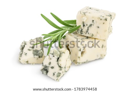 diced Blue cheese with rosemary isolated on white background with clipping path and full depth of field.