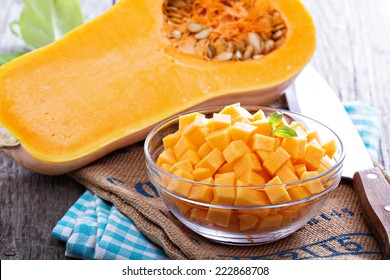 Diced Butternut Squash In A Bowl Ready For Cooking