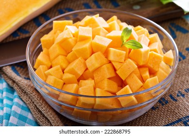 Diced Butternut Squash In A Bowl Ready For Cooking