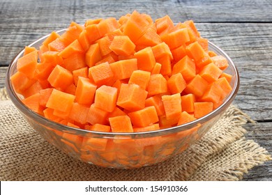 Diced Carrots In  Glass Bowl