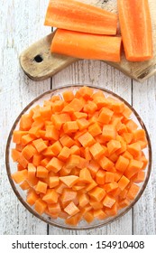 Diced Carrots In  Glass Bowl