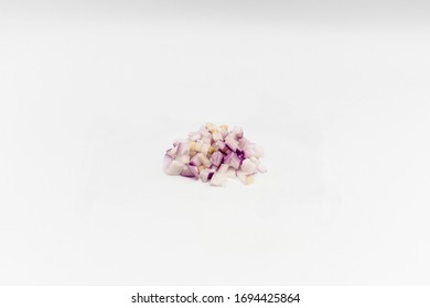  Diced Onion Isolated On A White Background For Commercial Food Menu.
