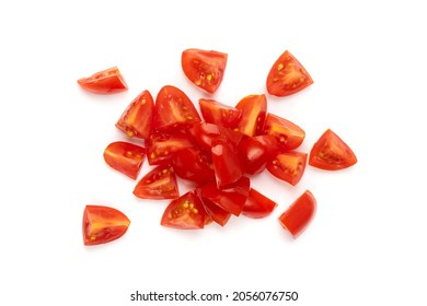 Diced Plum Tomato Group Isolated. Fresh Small Cherry Tomatoes Pieces, Sliced Cocktail Tomate On White Background Top View