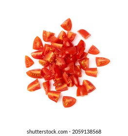 Diced Plum Tomato Group Isolated. Fresh Small Cherry Tomatoes Pieces, Sliced Cocktail Tomate On White Background Top View