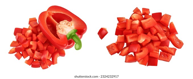 diced of red sweet bell pepper isolated on white background. Top view. Flat lay