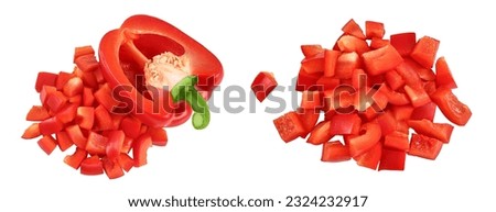 diced of red sweet bell pepper isolated on white background. Top view. Flat lay