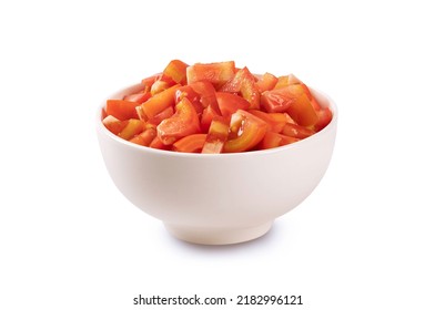 Diced Tomatoes In White Bowl Isolated On White Background.