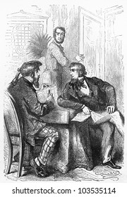 Dick Consultant La Carte - Picture From The Jules Verne - Five Weeks In A Balloon Book, Published In 1881, Paris - France. Drawing By Edouard Riou.