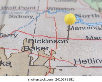 Dickinson, North Dakota marked by a yellow map tack.  The City of Dickinson is the county seat of Stark County, ND.