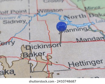 Dickinson, North Dakota marked by a blue map tack.  The City of Dickinson is the county seat of Stark County, ND.