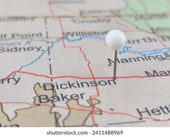 Dickinson, North Dakota marked by a white map tack.  The City of Dickinson is the county seat of Stark County, ND.