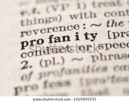 Dictionary definition of word profanity, selective focus.