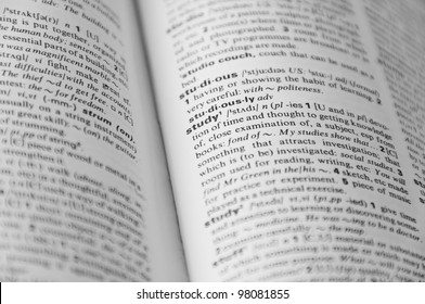 Dictionary page with word "study" in focus and other is defocused