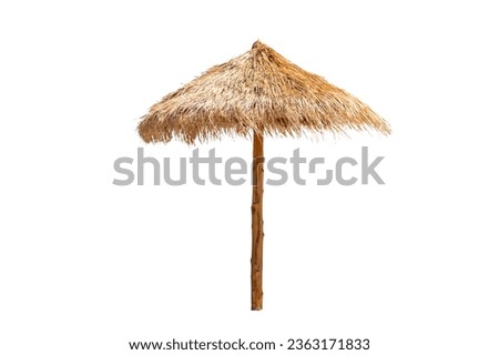 Dicut of the Straw beach umbrella isolated on white background with clipping path.Straw beach rattan parasol.