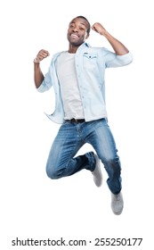 I Did It! Full Length Of Handsome Young Black Man Jumping Against White Background 