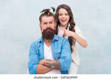 I Did It. Little Girl Made Funny Hairstyle For Daddy. Daughter And Dad Playing Together. Hairstylist Her Future Career. Father Enjoying Time With Child. Togetherness. Spending Time Together At Home.