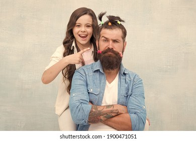 I Did It. Little Girl Made Funny Hairstyle For Daddy. Daughter And Dad Playing Together. Hairstylist Her Future Career. Father Enjoying Time With Child. Togetherness. Spending Time Together At Home.