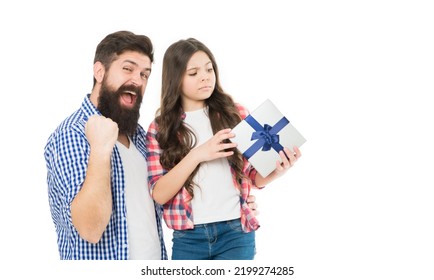 Did Not Please With Gift. Too Demanding Daughter. Boxing Day. Happy Holidays. Father And Daughter Open Gift. Dad And Little Girl With Wrapped Box. Disappointed With Gift. Disgusting Birthday Concept