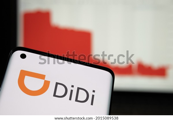 Didi Chuxing Technology\
company logo seen on smartphone and share price crash (recent 5\
days) on the blurred background. Concept. Stafford, United Kingdom,\
July 26, 2021.