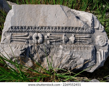Didim apollo temple. 3rd largest temple in the world, built in the Ionic style in ancient times. marble block frieze detail with various plant relief ornaments.