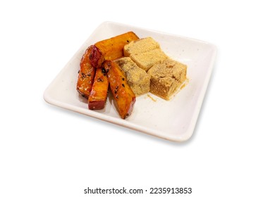 Die cut of Delectable Warabimochi and sweet potato,Soft and Chewy Japanese dessert on white isolated. - Shutterstock ID 2235913853