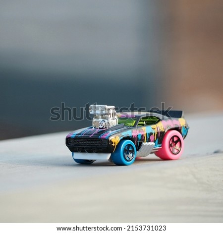 Diecast car toys. Hotwheels. Toys photography concept. Unfocus and blurred view.