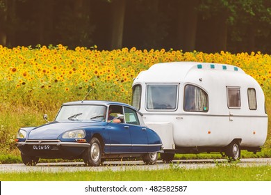 DIEREN, THE NETHERLANDS - AUGUST 14, 2016: Retro styled image of a Vintage Citroen DS with caravan on a local road in front of a field with blooming sunflowers in Dieren, The Netherlands