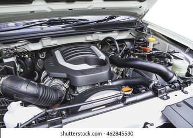 Diesel engine 1.9 lites turbo under the hood of a pickup truck 