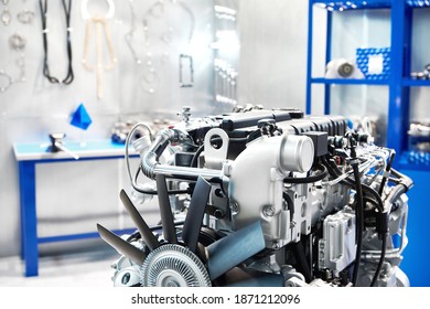 Diesel engine in car workshop
