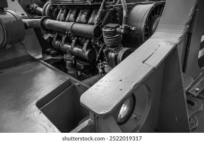 Diesel engine of a historic mining machine.