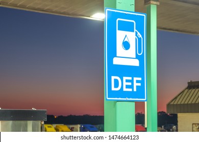 Diesel Exhaust Fluid Or DEF Sign Posted In A Truck Stop, Next To Fuel Pump