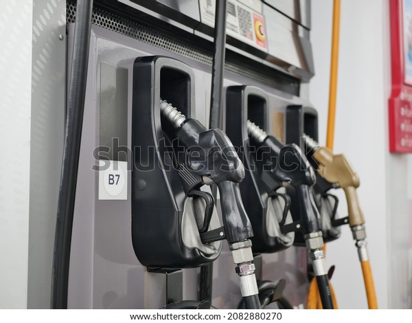 Diesel formula B7 mixed with palm oil, black\
nozzle. gas pumps row closeup. gasoline pump and gasoline filling\
diesel for cars. Gasoline and diesel distributor at the gas\
station.
