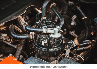 Diesel Fuel Filter Box And Rubber Tube Of The Diesel Engine System In The Car