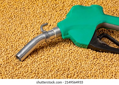 Diesel Fuel Nozzle And Soybeans. Biodiesel, Biofuel, Agriculture And Renewable Clean Energy Concept. 