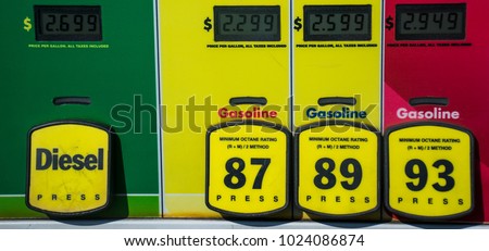 Diesel and gas Octane rating and high prices at the gas pump. Yellow buttons to choose your poison and unleaded or premium gasoline. Fossil fuels power our cars and transportation and cost is rising